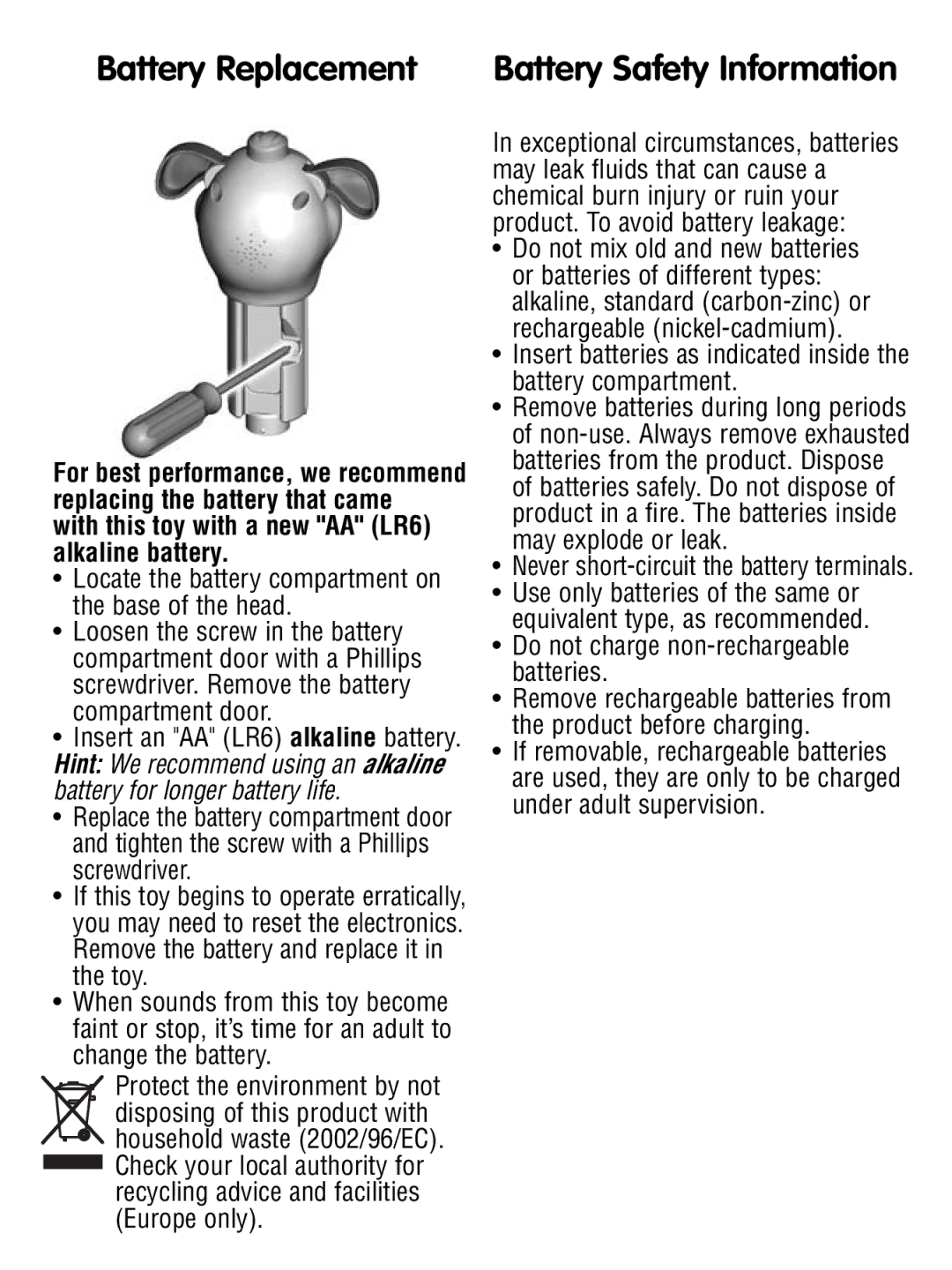 Fisher-Price N7045N7045, N7046N7046 instruction sheet Battery Replacement, Battery Safety Information 