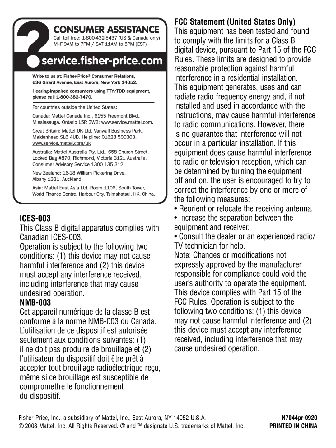 Fisher-Price N7045N7045, N7046N7046 instruction sheet ICES-003, Du dispositif 