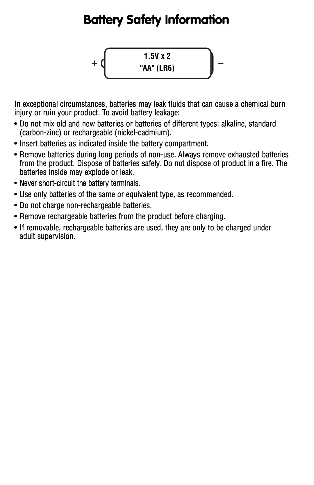 Fisher-Price N7121 instruction sheet Battery Safety Information, 1.5V x AA LR6 