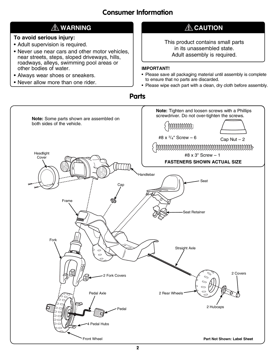 Fisher-Price N8416 instruction sheet Consumer Information, Parts 