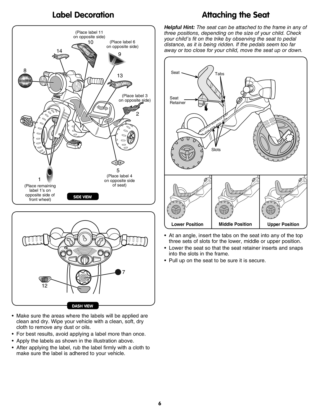 Fisher-Price N8416 instruction sheet Label Decoration, Attaching the Seat 