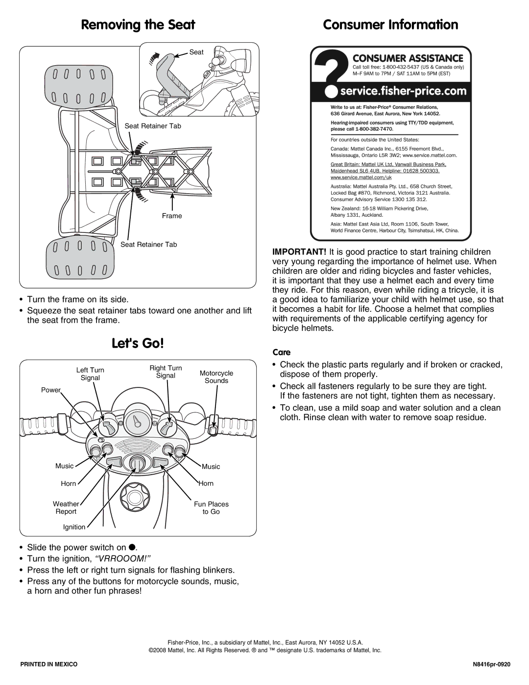 Fisher-Price N8416 instruction sheet Removing the Seat, Lets Go, Care 