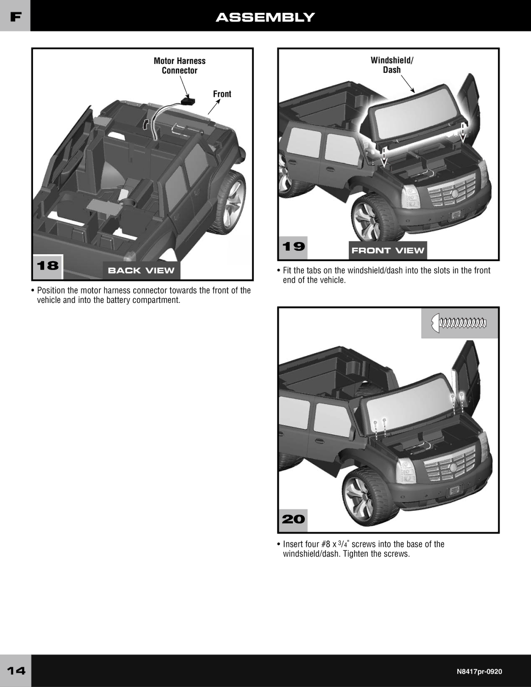 Fisher-Price N8417 owner manual Motor Harness Connector Front, Windshield Dash 