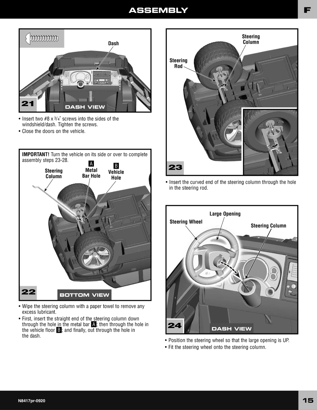 Fisher-Price N8417 owner manual Assembly steps, Steering Column Rod, Large Opening Steering Wheel Steering Column 