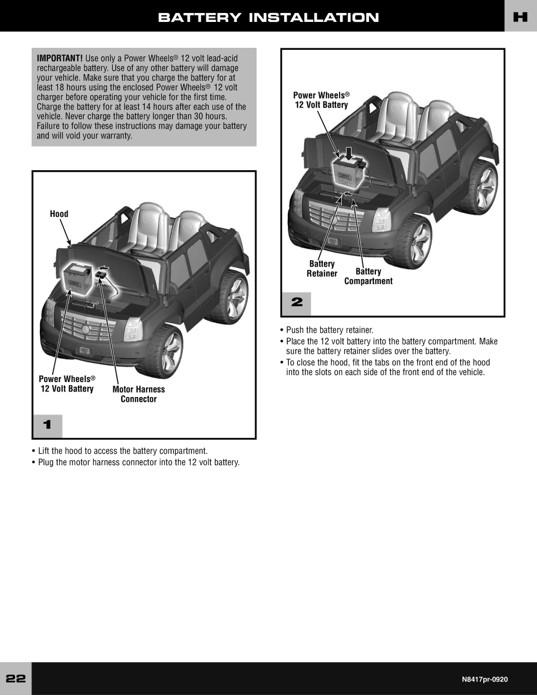 Fisher-Price N8417 owner manual Battery Installation, Hood Power Wheels Volt Battery Motor Harness Connector 