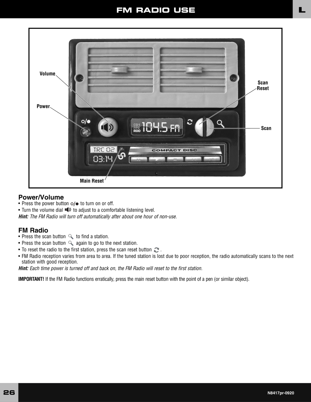 Fisher-Price N8417 owner manual FM Radio USE, Volume Scan Reset Power Main Reset 