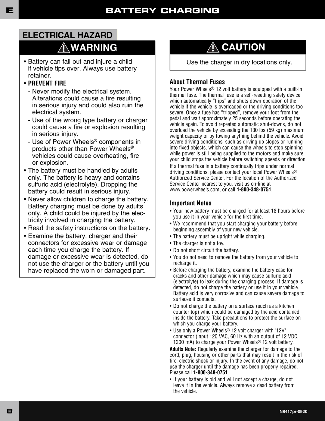 Fisher-Price N8417 owner manual Battery Charging, Please call 