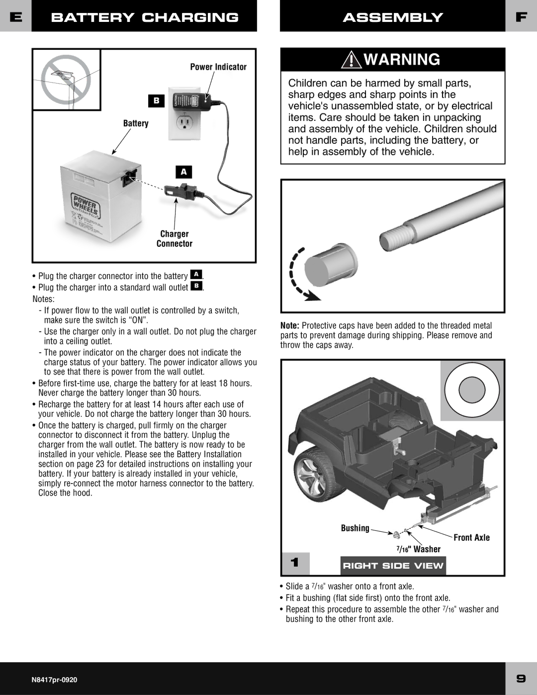 Fisher-Price N8417 owner manual Battery Charging Assembly, Power Indicator Battery Charger Connector, Bushing 