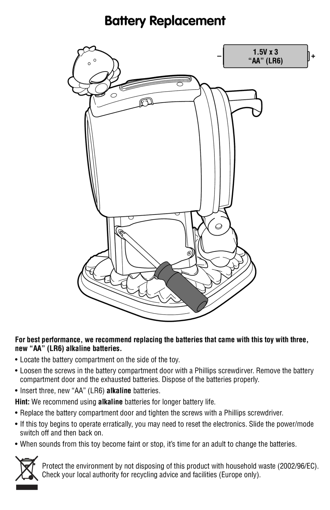 Fisher-Price N8770 instruction sheet Battery Replacement, Locate the battery compartment on the side of the toy 