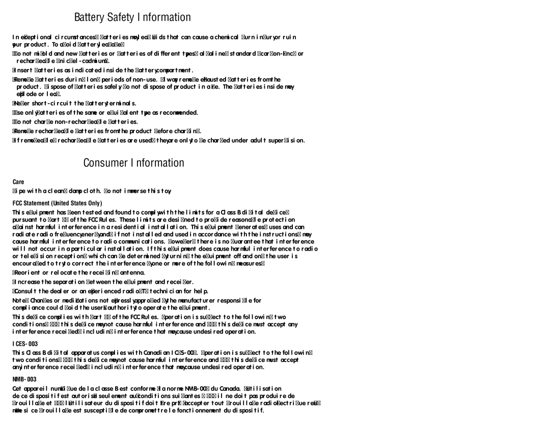 Fisher-Price N8770 instruction sheet Battery Safety Information, Consumer Information 