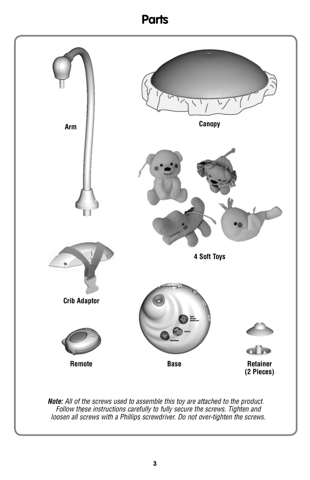 Fisher-Price N8849 instruction sheet Parts, Arm, Soft Toys Crib Adaptor Remote Base 