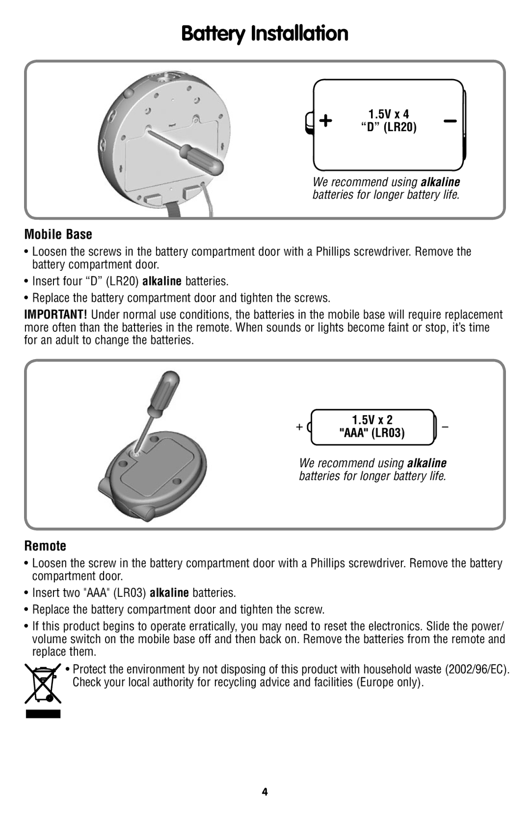 Fisher-Price N8849 instruction sheet Battery Installation, 5V x LR20, 5V x AAA LR03 