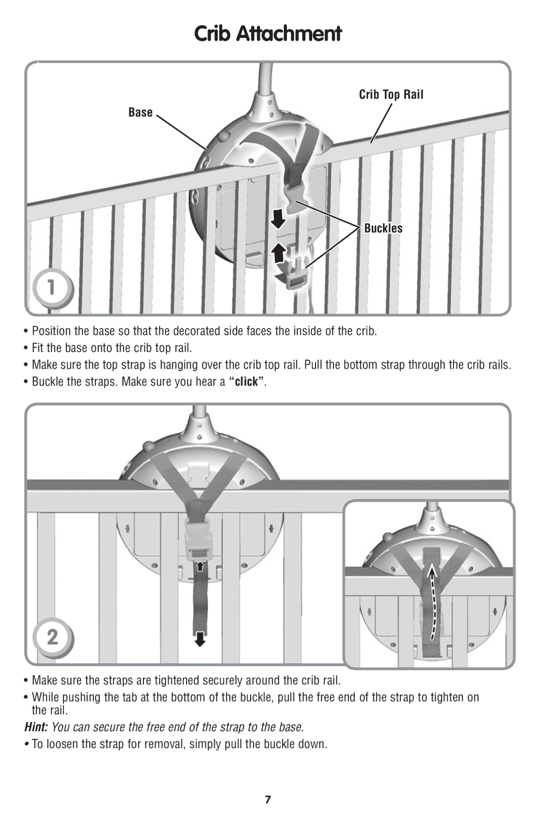 Fisher-Price N8849 instruction sheet Crib Attachment, Crib Top Rail Base Buckles 