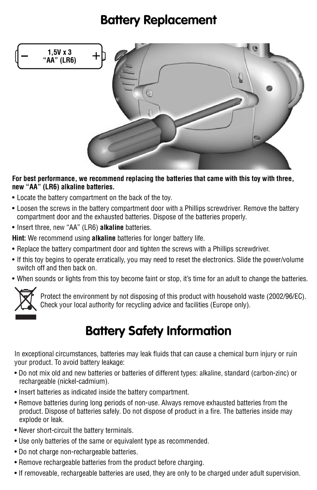 Fisher-Price N8904 instruction sheet Battery Replacement, Battery Safety Information 