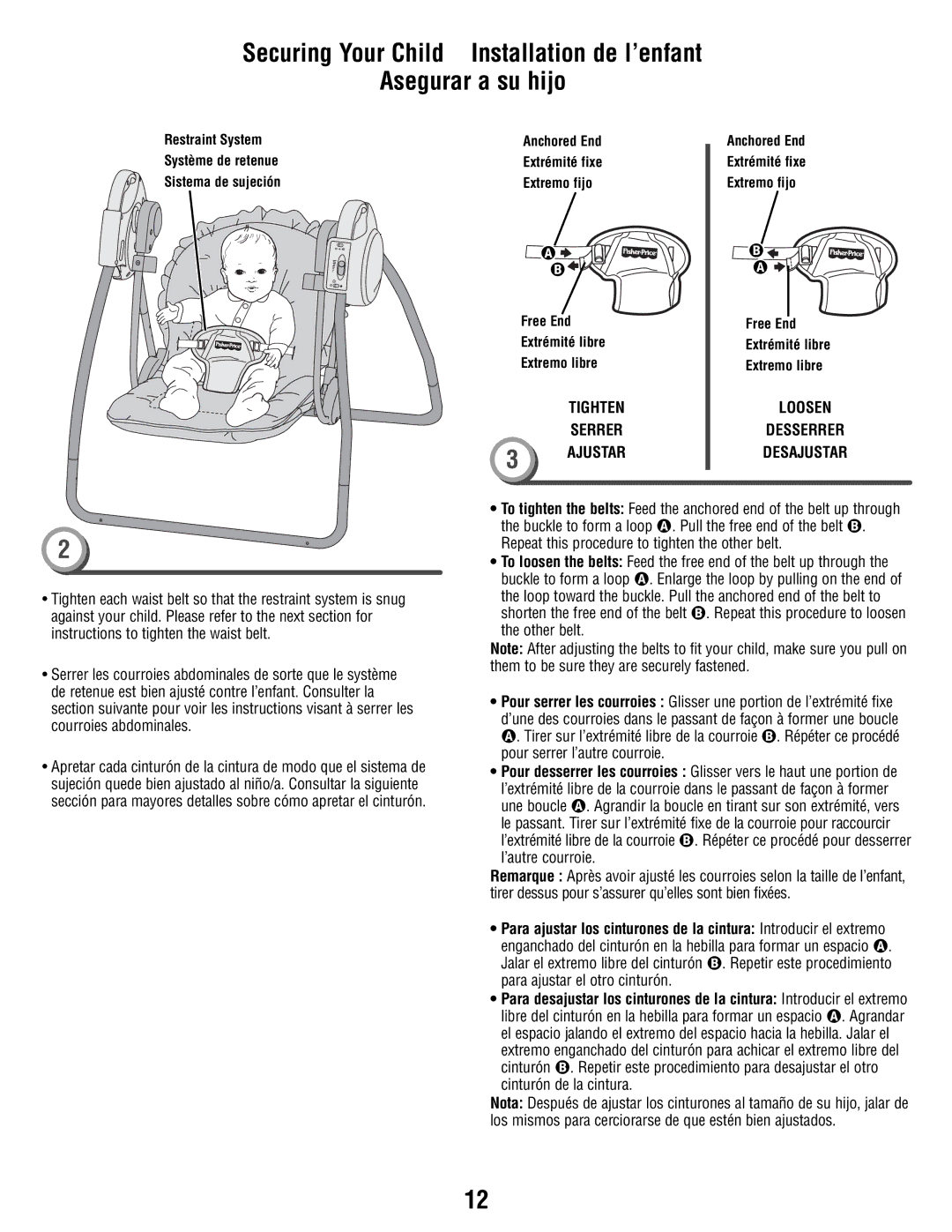 Fisher-Price N9327 manual Tighten Serrer Ajustar 