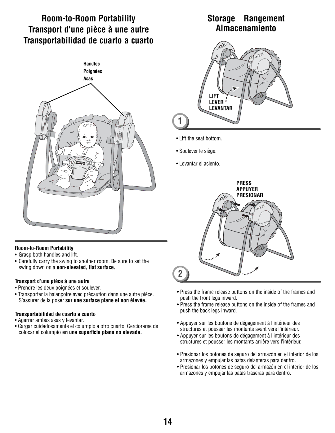 Fisher-Price N9327 manual Room-to-Room Portability, Storage Rangement Almacenamiento, Transport d’une pièce à une autre 