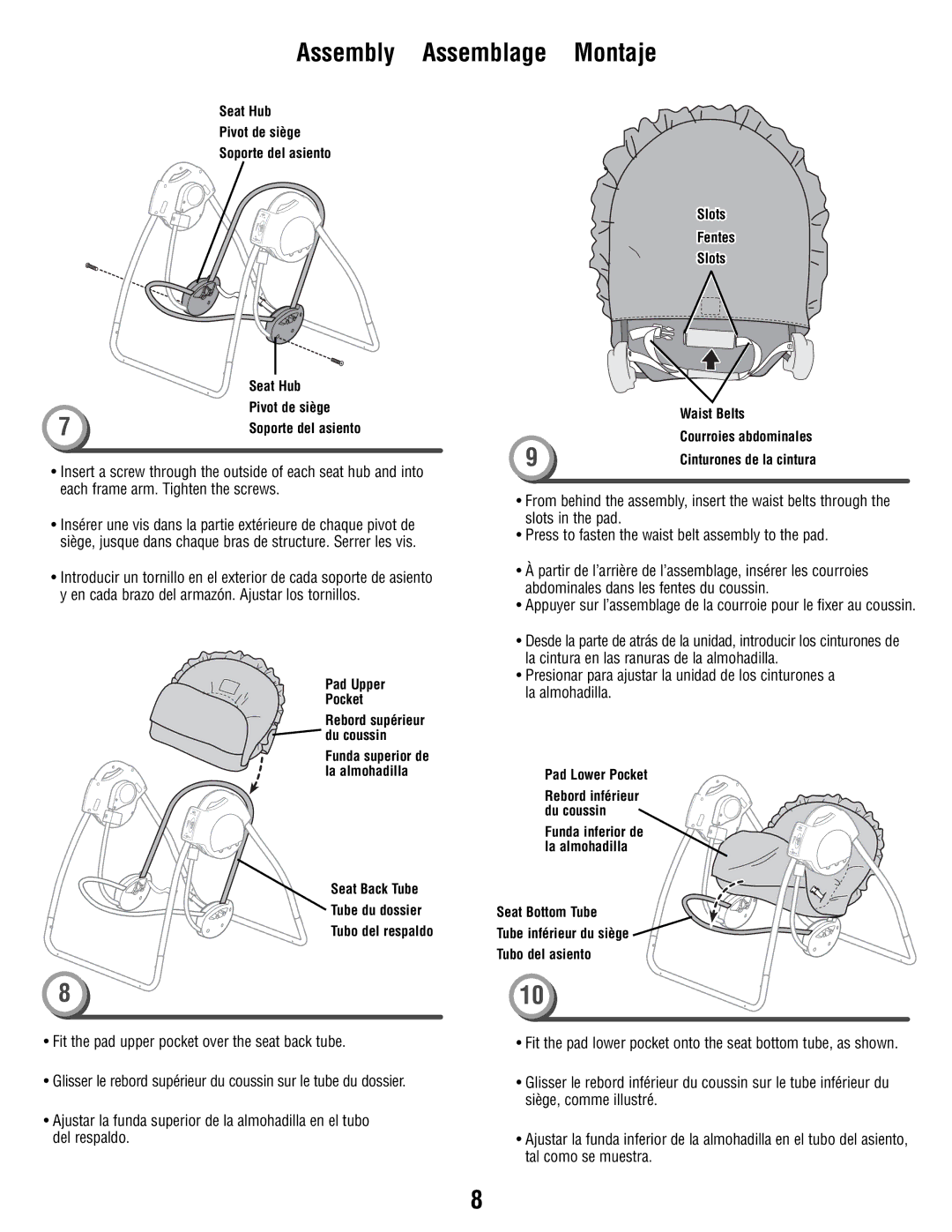 Fisher-Price N9327 manual Seat Hub Pivot de siège Soporte del asiento Slots Fentes 