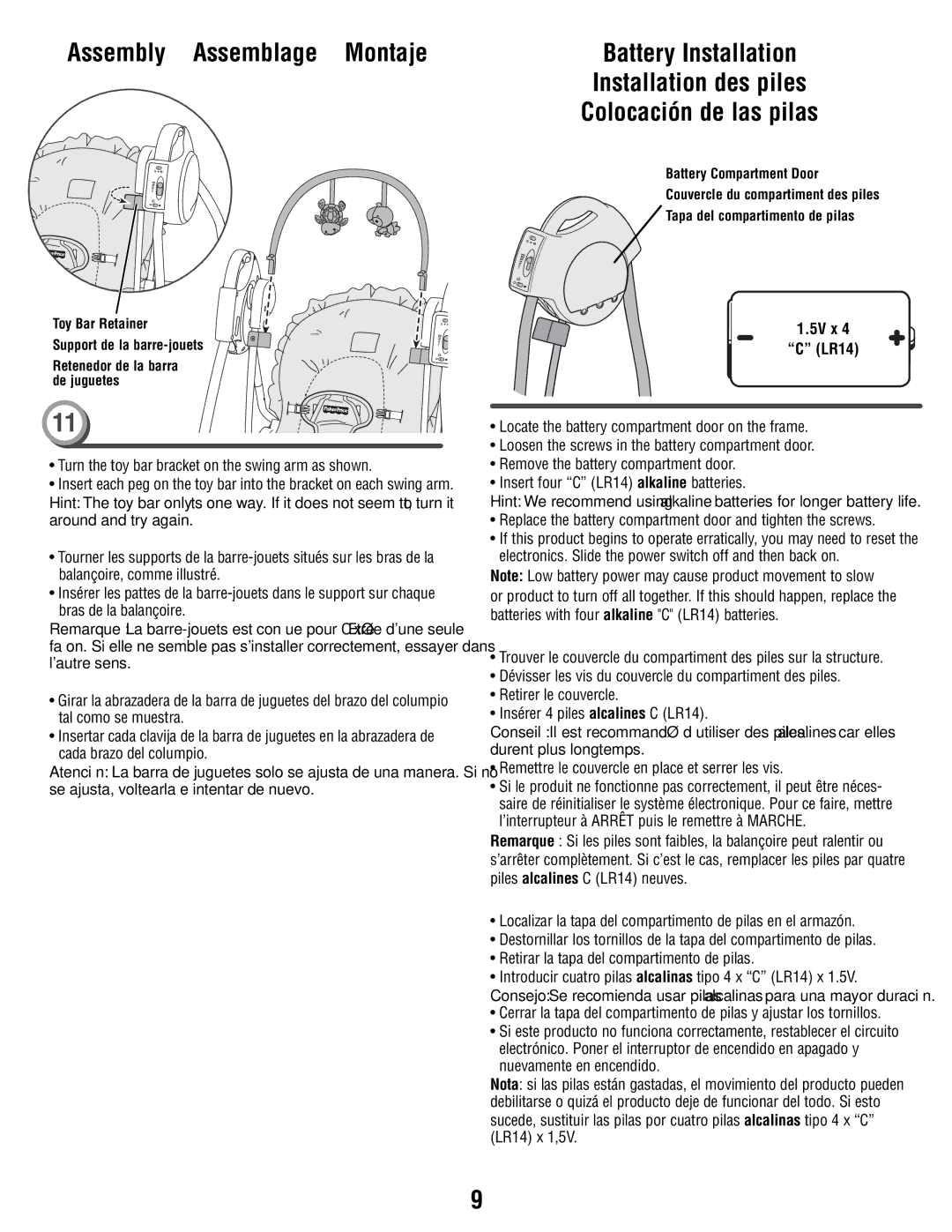 Fisher-Price N9327 manual 5V x LR14, Replace the battery compartment door and tighten the screws 