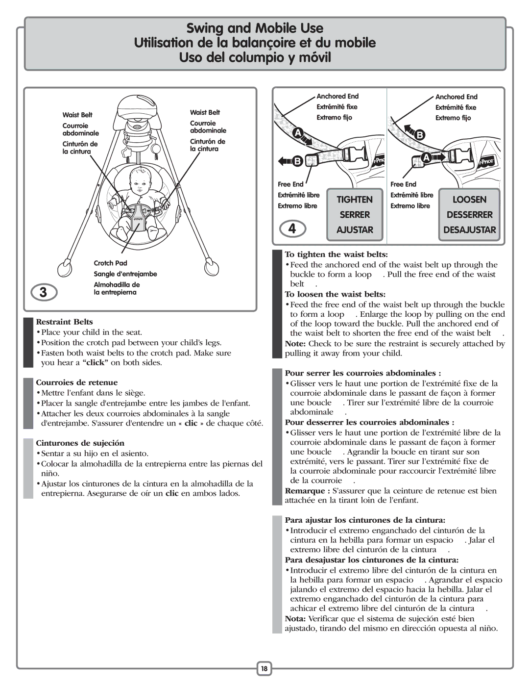 Fisher-Price P0097 manual Restraint Belts, Courroies de retenue, Cinturones de sujeción, To tighten the waist belts 