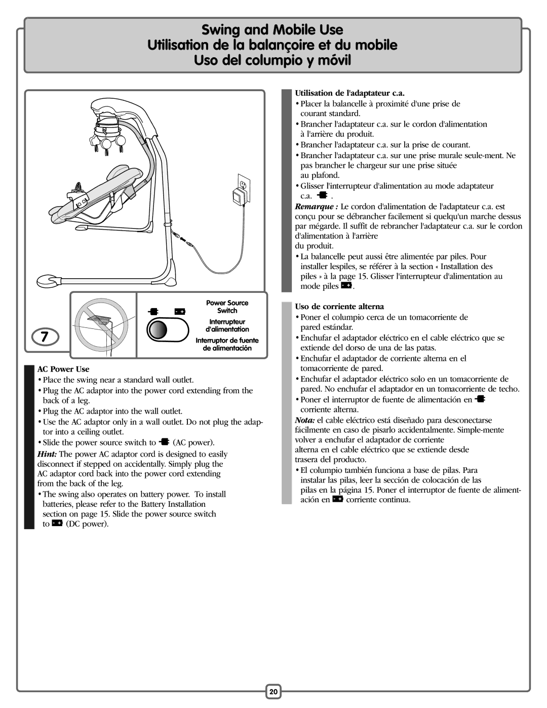 Fisher-Price P0097 manual AC Power Use, Utilisation de ladaptateur c.a, Uso de corriente alterna 