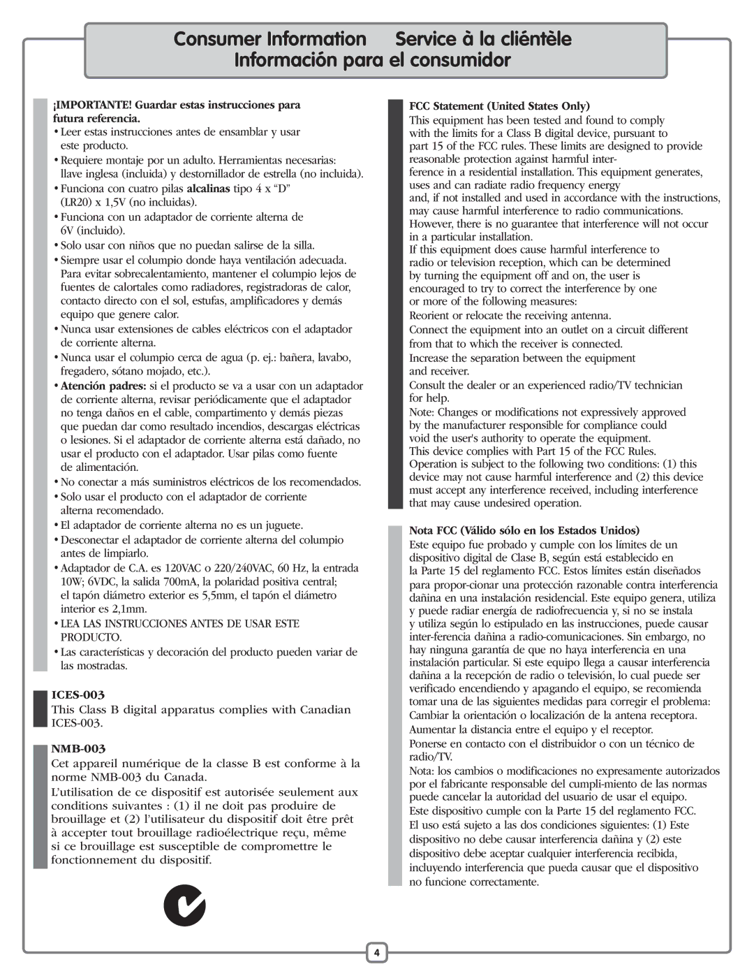 Fisher-Price P0097 manual ICES-003, NMB-003, FCC Statement United States Only, Nota FCC Válido sólo en los Estados Unidos 