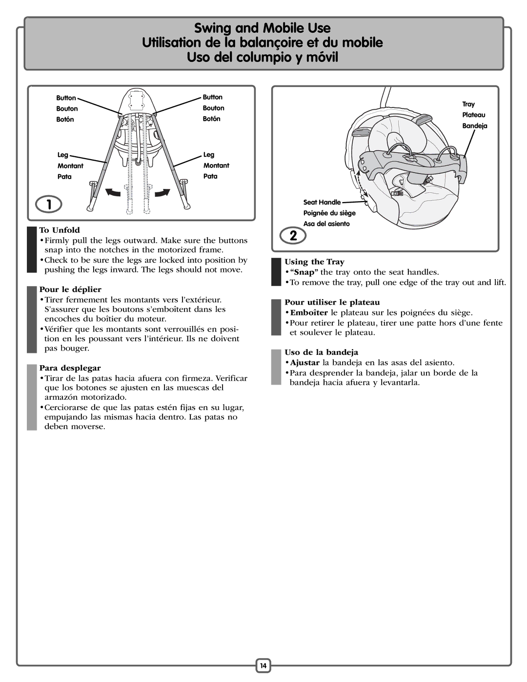 Fisher-Price P0098 To Unfold, Pour le déplier, Para desplegar, Using the Tray, Pour utiliser le plateau, Uso de la bandeja 