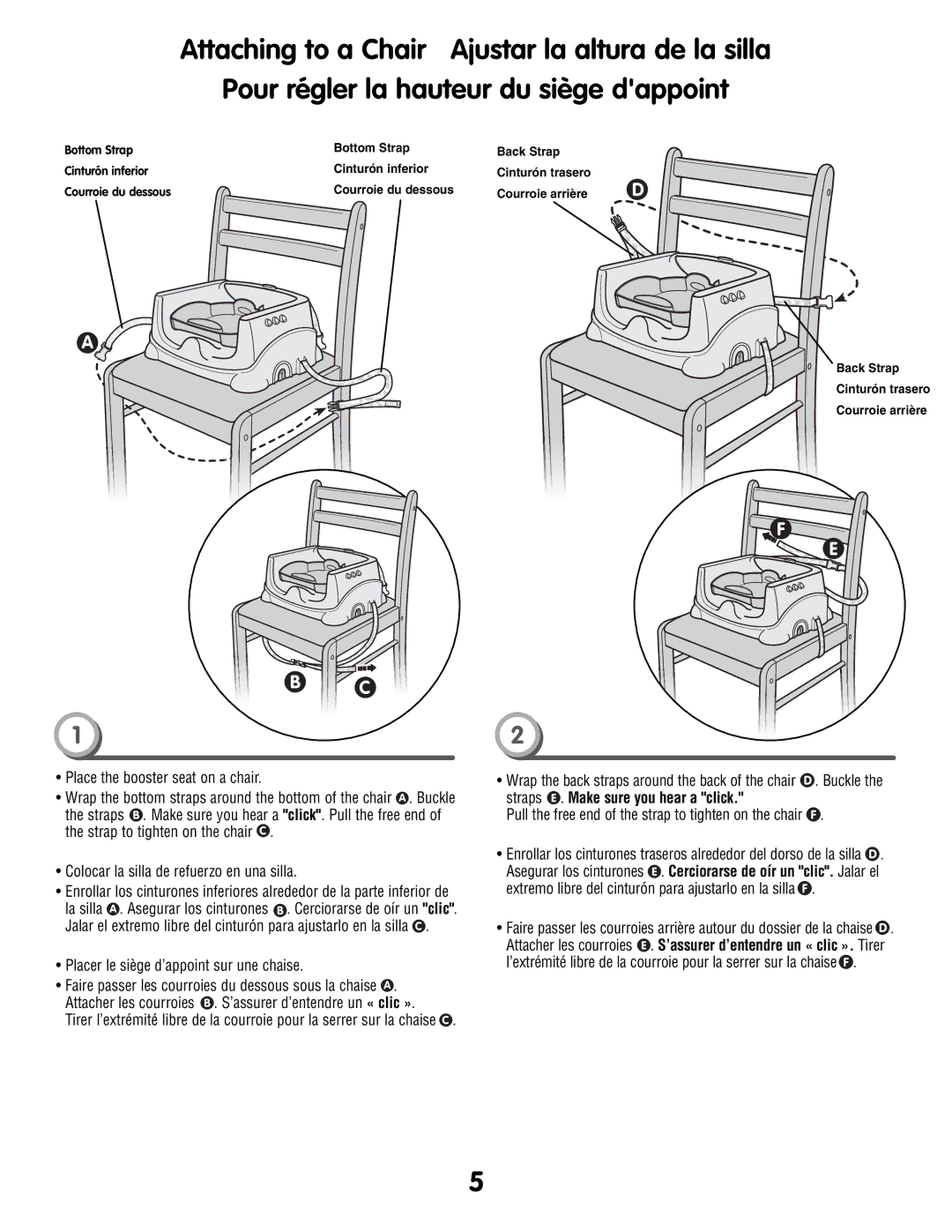 Fisher-Price P0278 instruction sheet Attaching to a Chair Ajustar la altura de la silla 