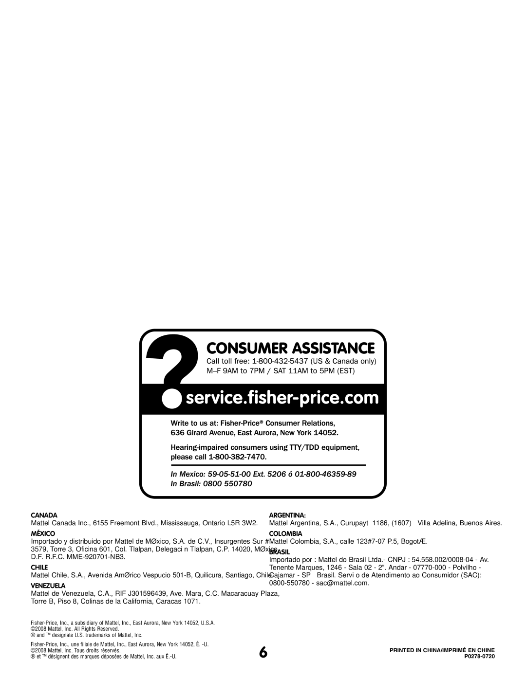 Fisher-Price P0278 instruction sheet Canada 