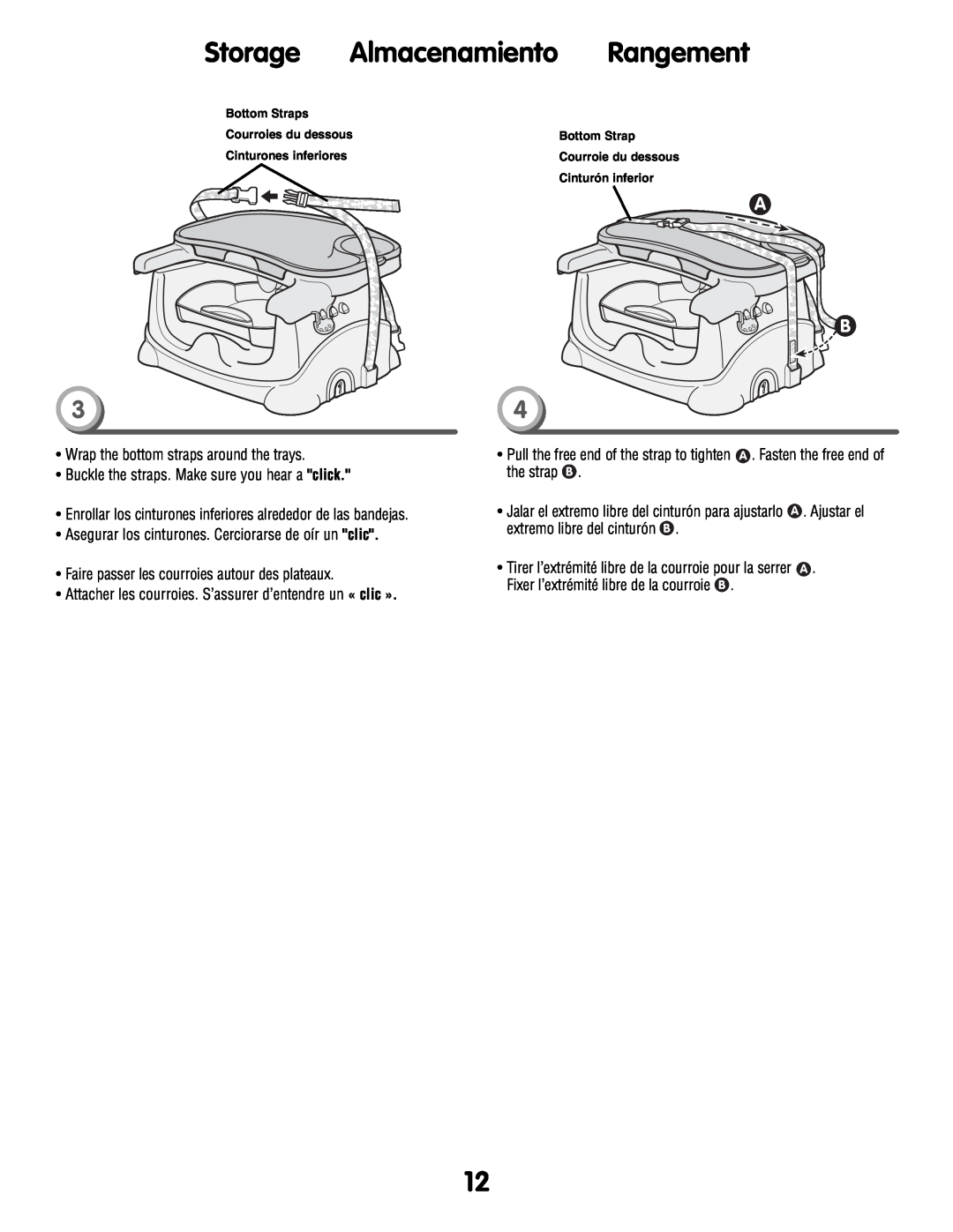 Fisher-Price P0278 instruction sheet Storage Almacenamiento Rangement, Wrap the bottom straps around the trays 