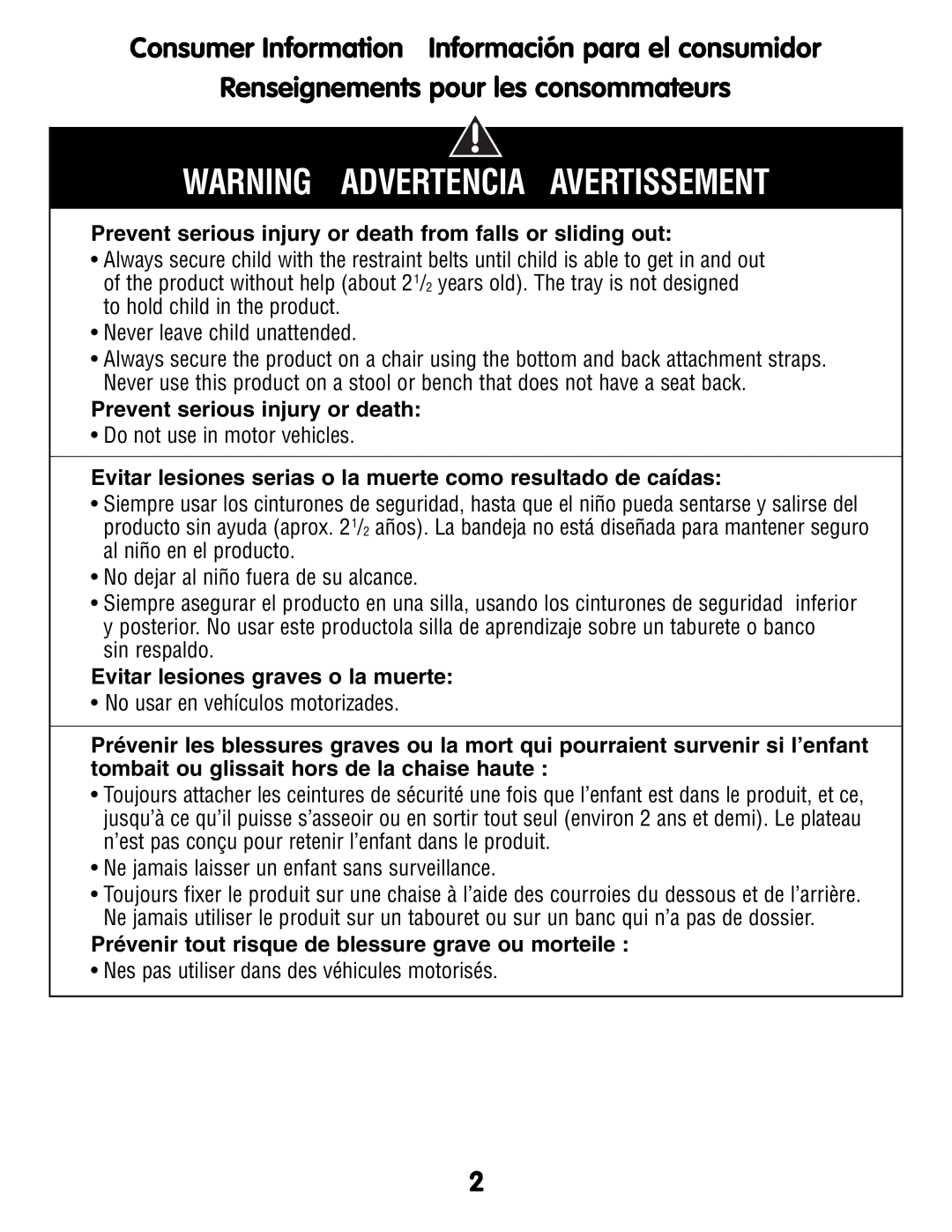 Fisher-Price P0278 instruction sheet Warning Advertencia Avertissement, Consumer Information Información para el consumidor 