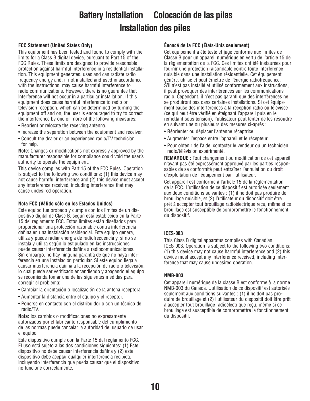 Fisher-Price P0291 manual FCC Statement United States Only, Nota FCC Válido sólo en los Estados Unidos, ICES-003, NMB-003 