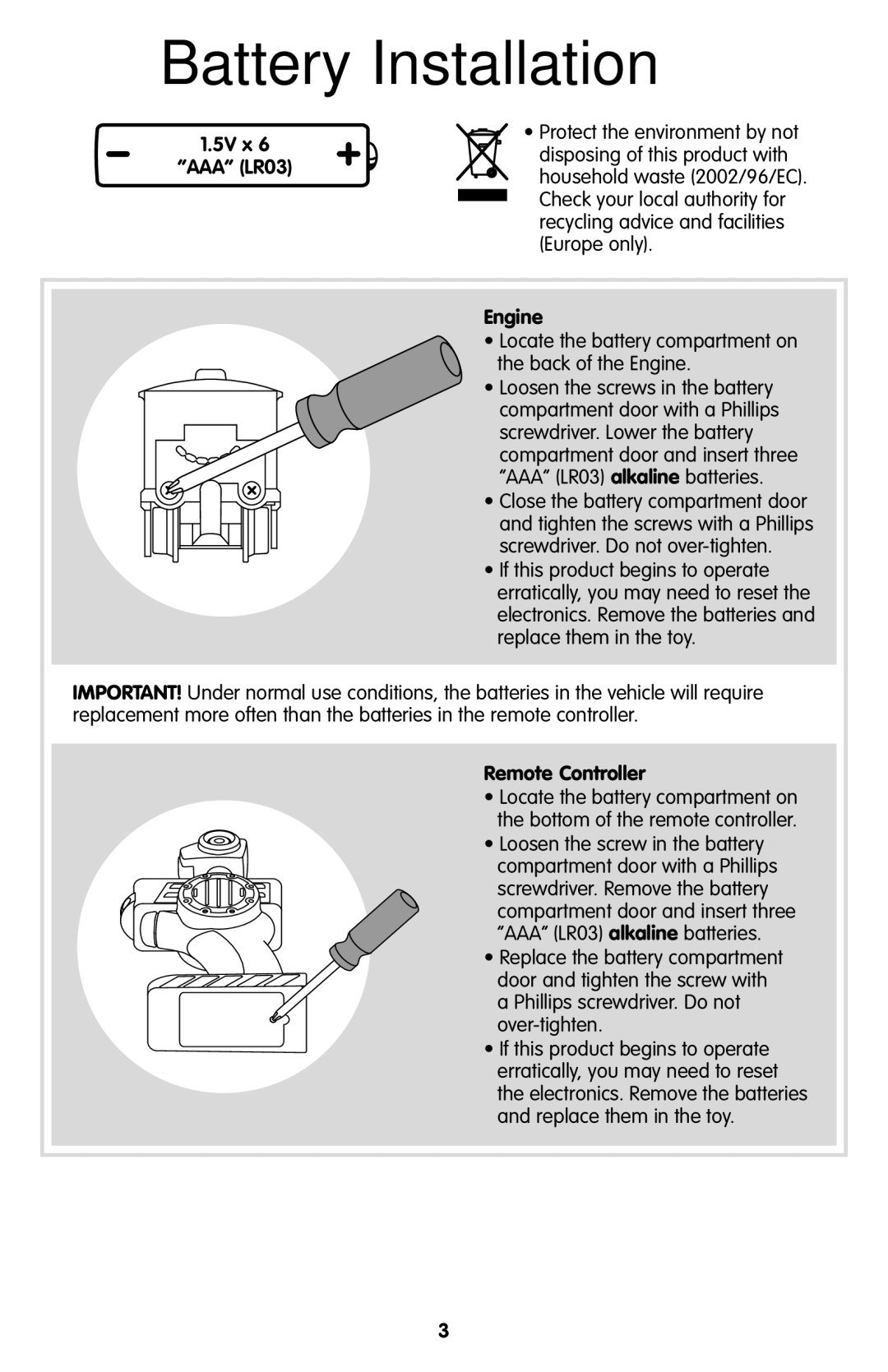 Fisher-Price P1370 Battery Installation, 5V x AAA LR03, Locate the battery compartment on the back of the Engine 