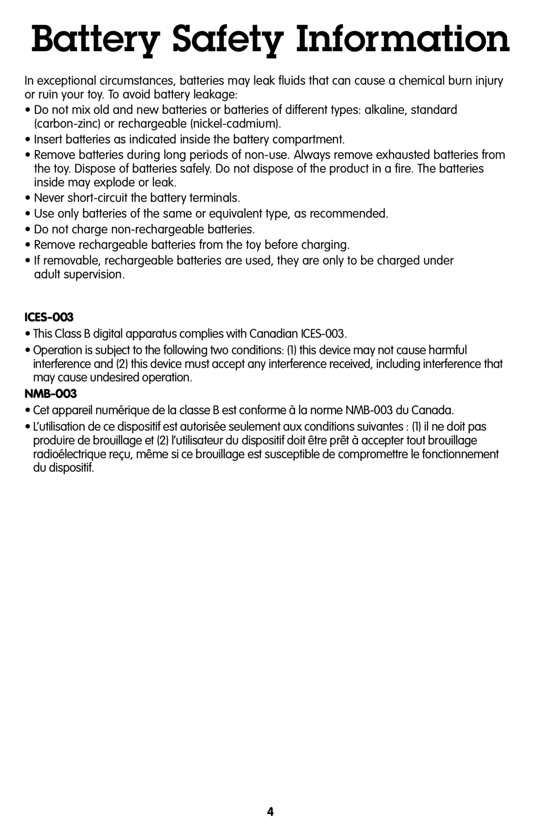 Fisher-Price P1370 instruction sheet Battery Safety Information, ICES-003, NMB-003 