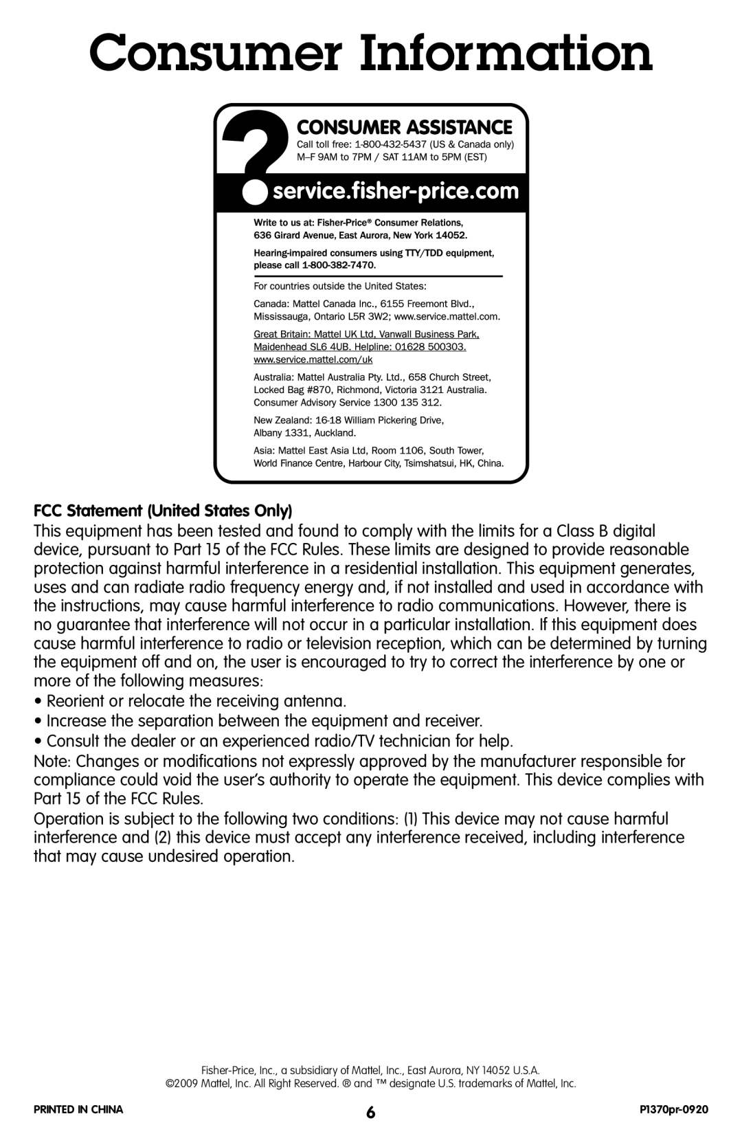 Fisher-Price P1370 instruction sheet Consumer Information, FCC Statement United States Only 