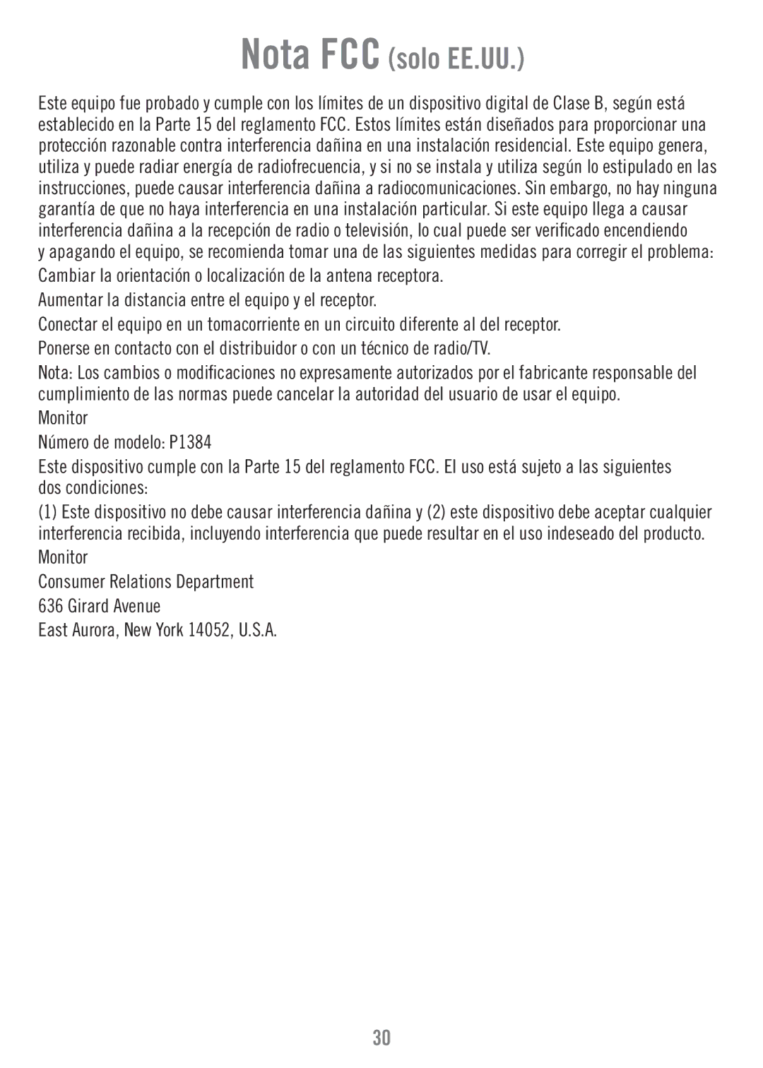 Fisher-Price P1384 manual Nota FCC solo EE.UU, Aumentar la distancia entre el equipo y el receptor 