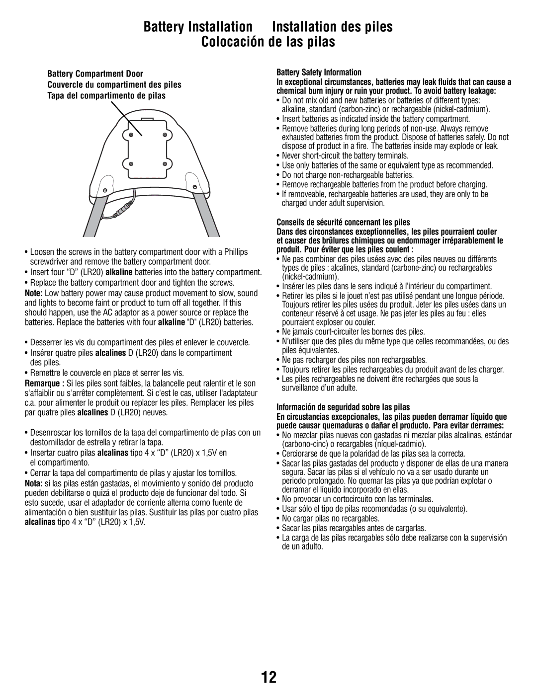 Fisher-Price P2255 manual Replace the battery compartment door and tighten the screws, Battery Safety Information 