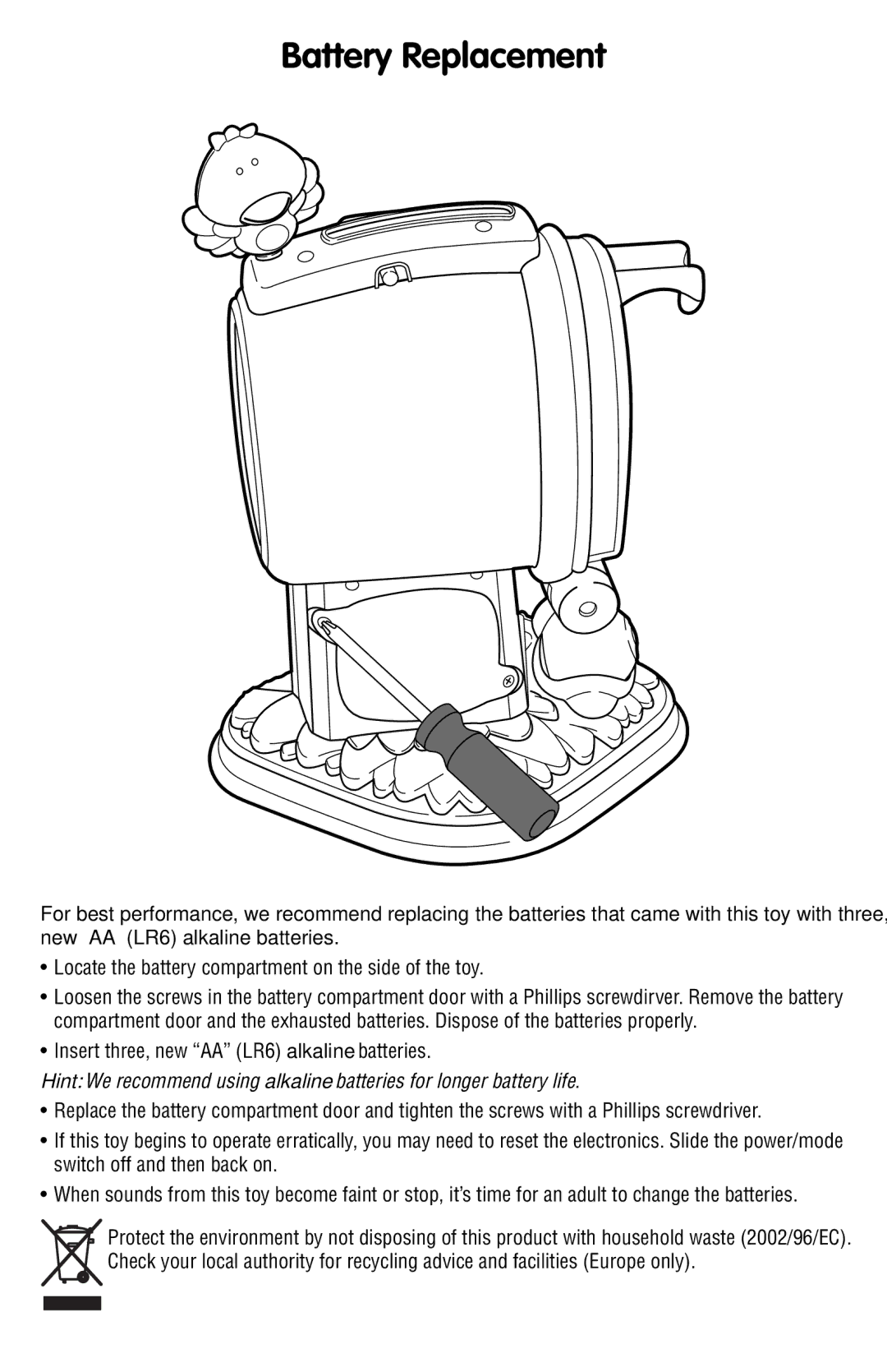 Fisher-Price P2680 instruction sheet Battery Replacement, Locate the battery compartment on the side of the toy 