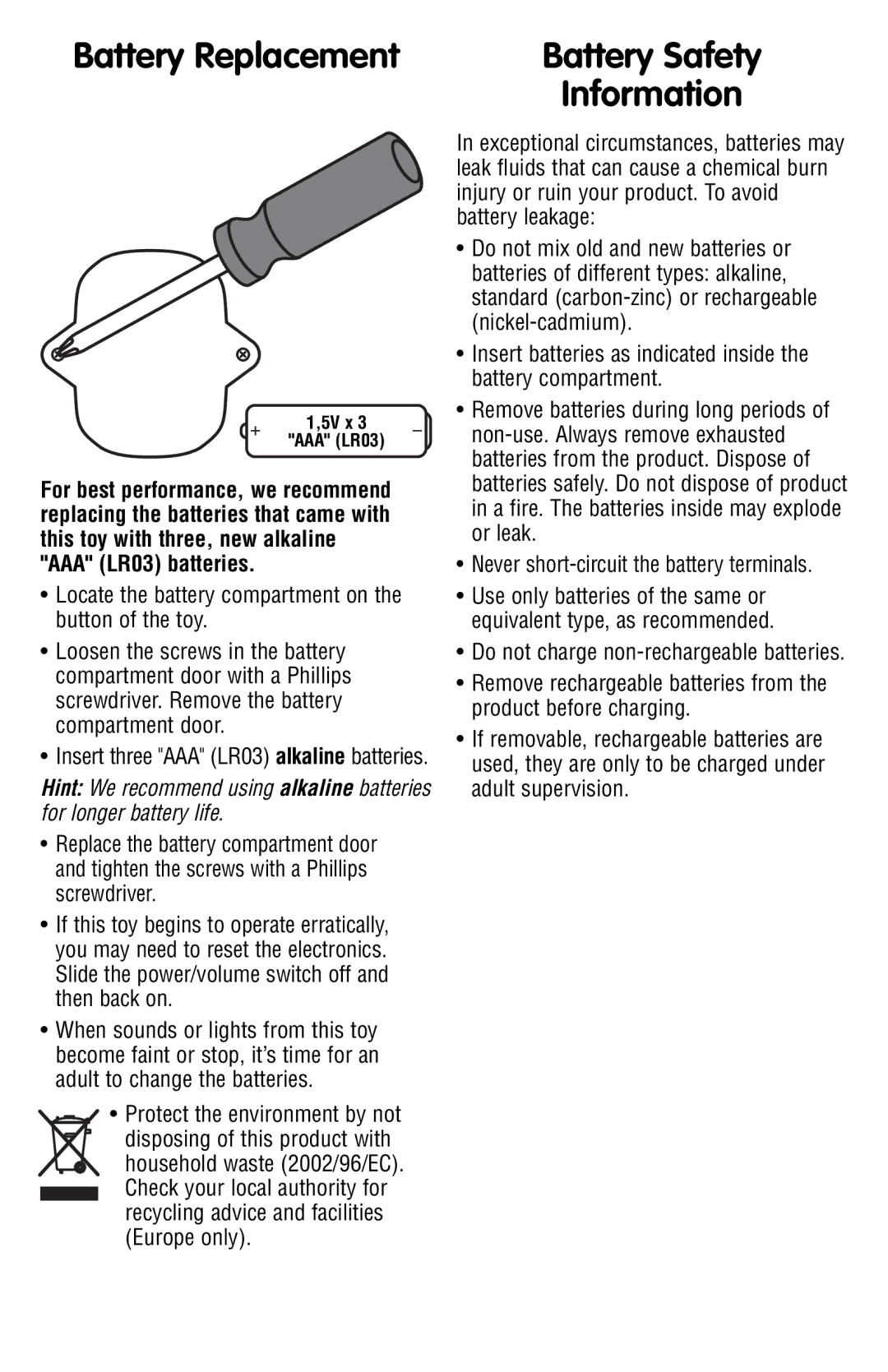 Fisher-Price P2787 instruction sheet Battery Replacement, Battery Safety, Information 