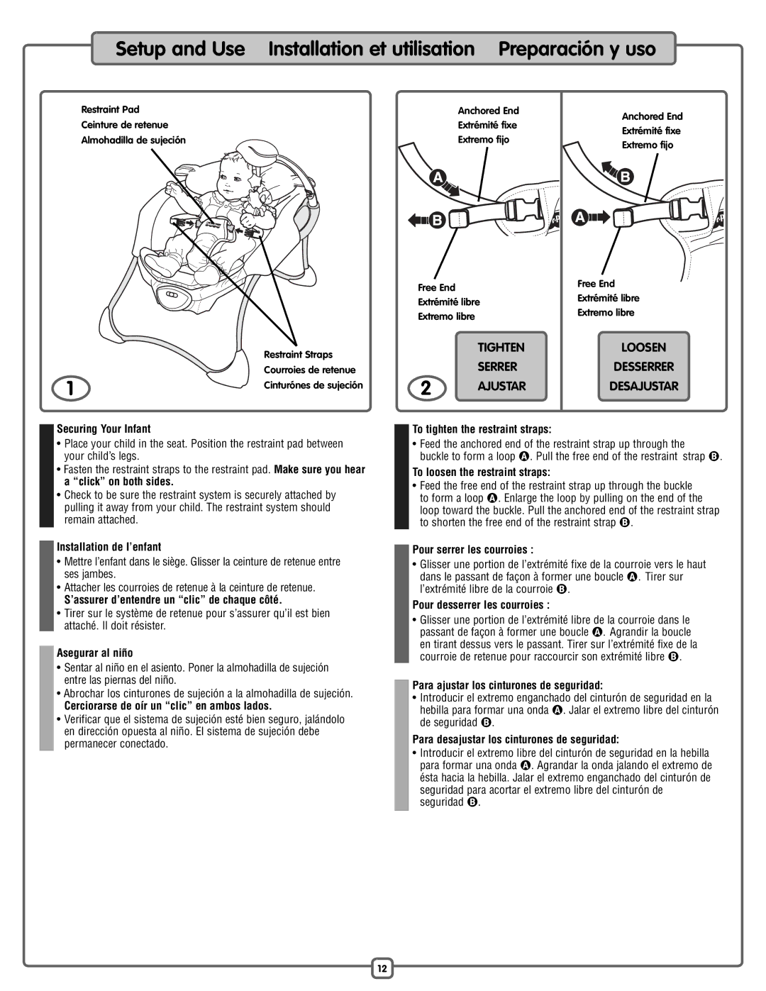 Fisher-Price P2792 manual Securing Your Infant, Installation de l’enfant, ’assurer d’entendre un clic de chaque côté 