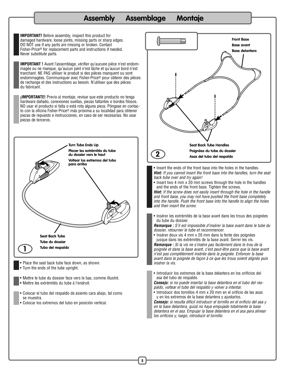 Fisher-Price P2792 manual Assembly Assemblage Montaje, Du fabricant 