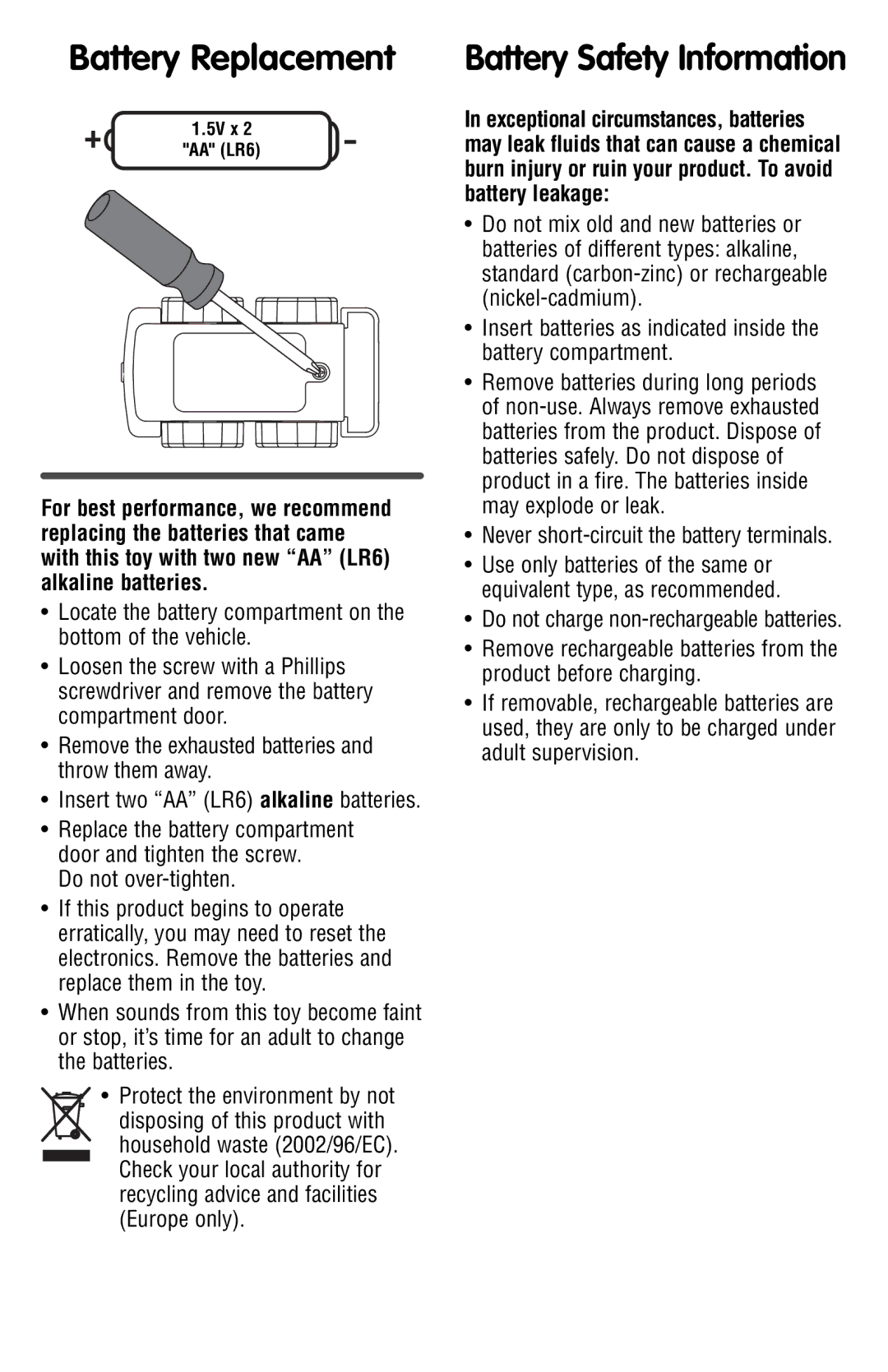 Fisher-Price P3331 manual Battery Replacement, Do not over-tighten, Never short-circuit the battery terminals 