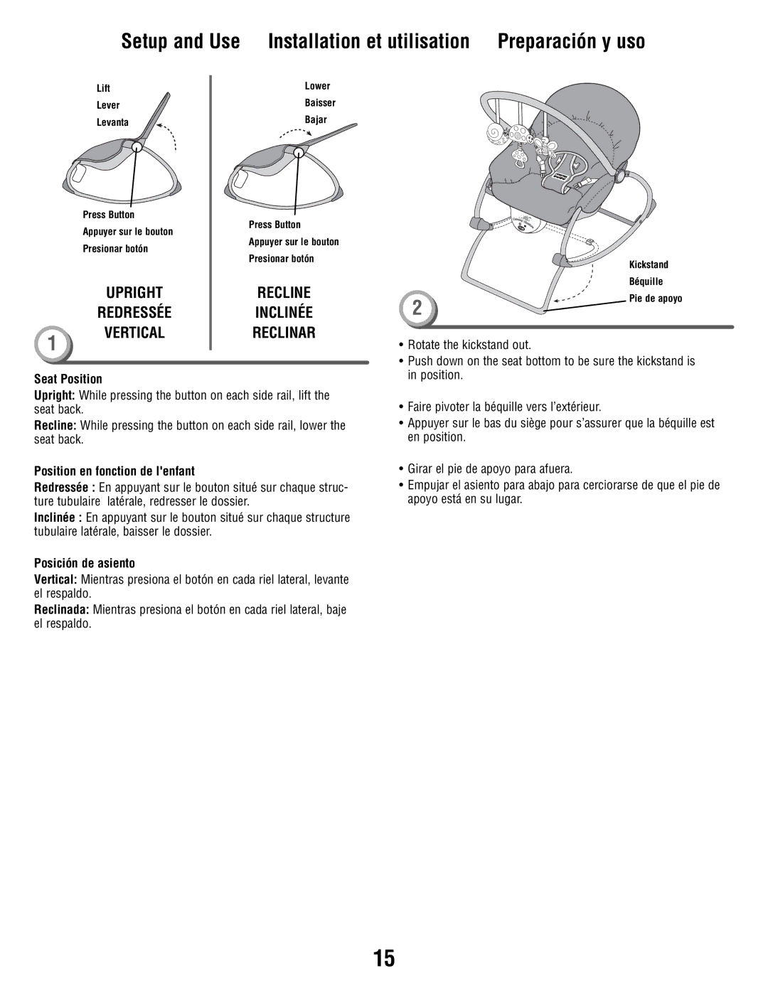 Fisher-Price P3334 manual Seat Position, Position en fonction de lenfant, Posición de asiento 