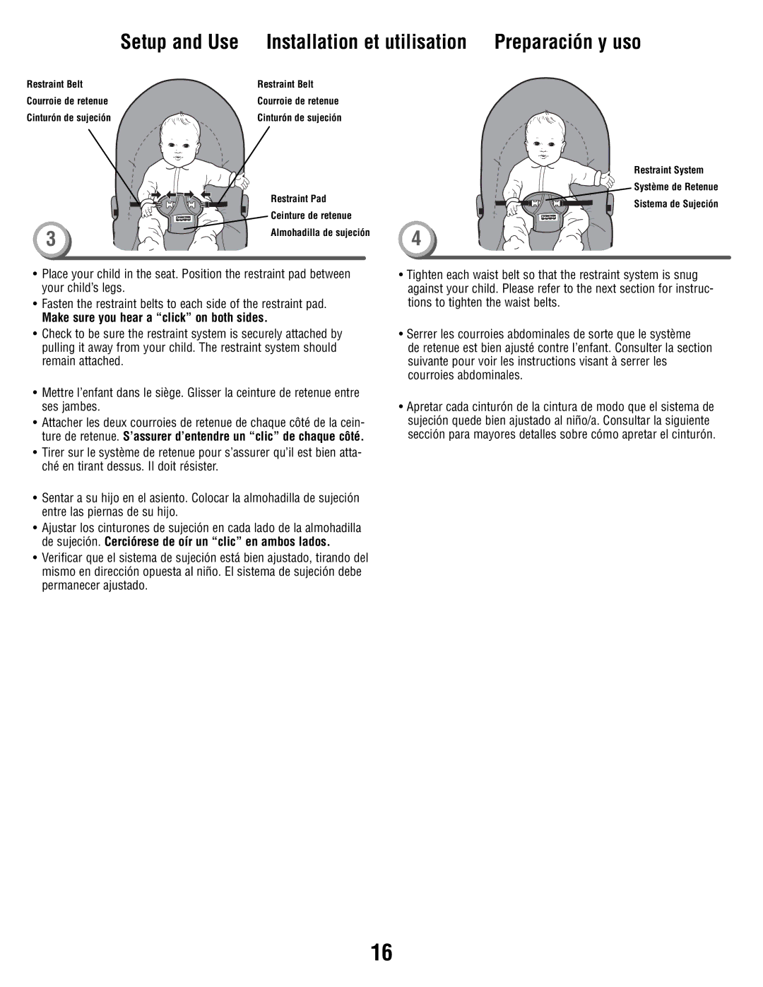 Fisher-Price P3334 manual Make sure you hear a click on both sides 