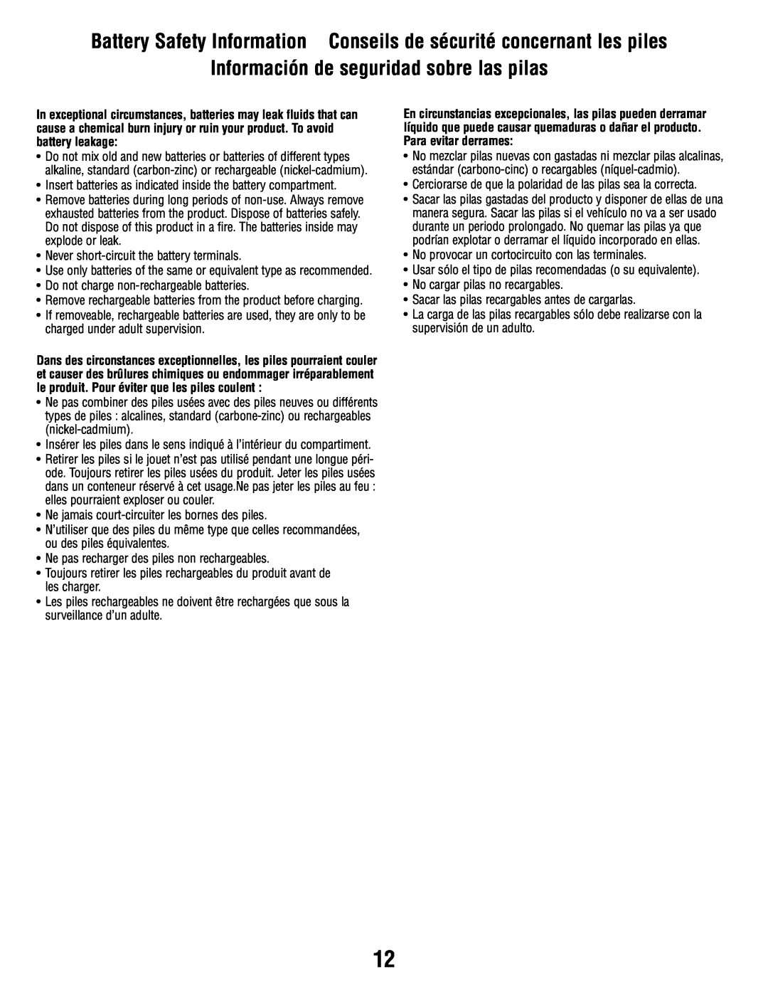 Fisher-Price P3334 manual Battery Safety Information Conseils de sécurité concernant les piles 
