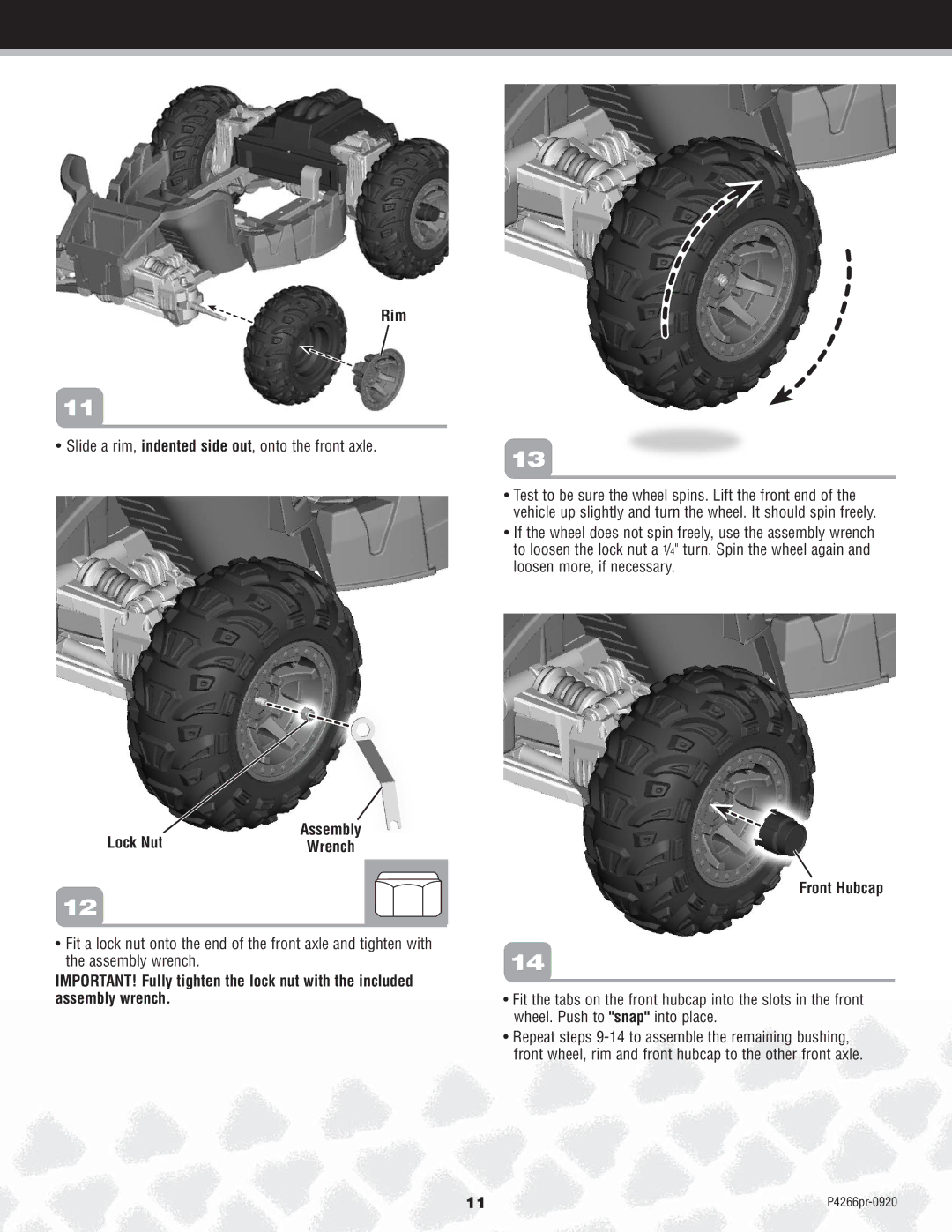 Fisher-Price P4266 owner manual Rim, Slide a rim, indented side out, onto the front axle 