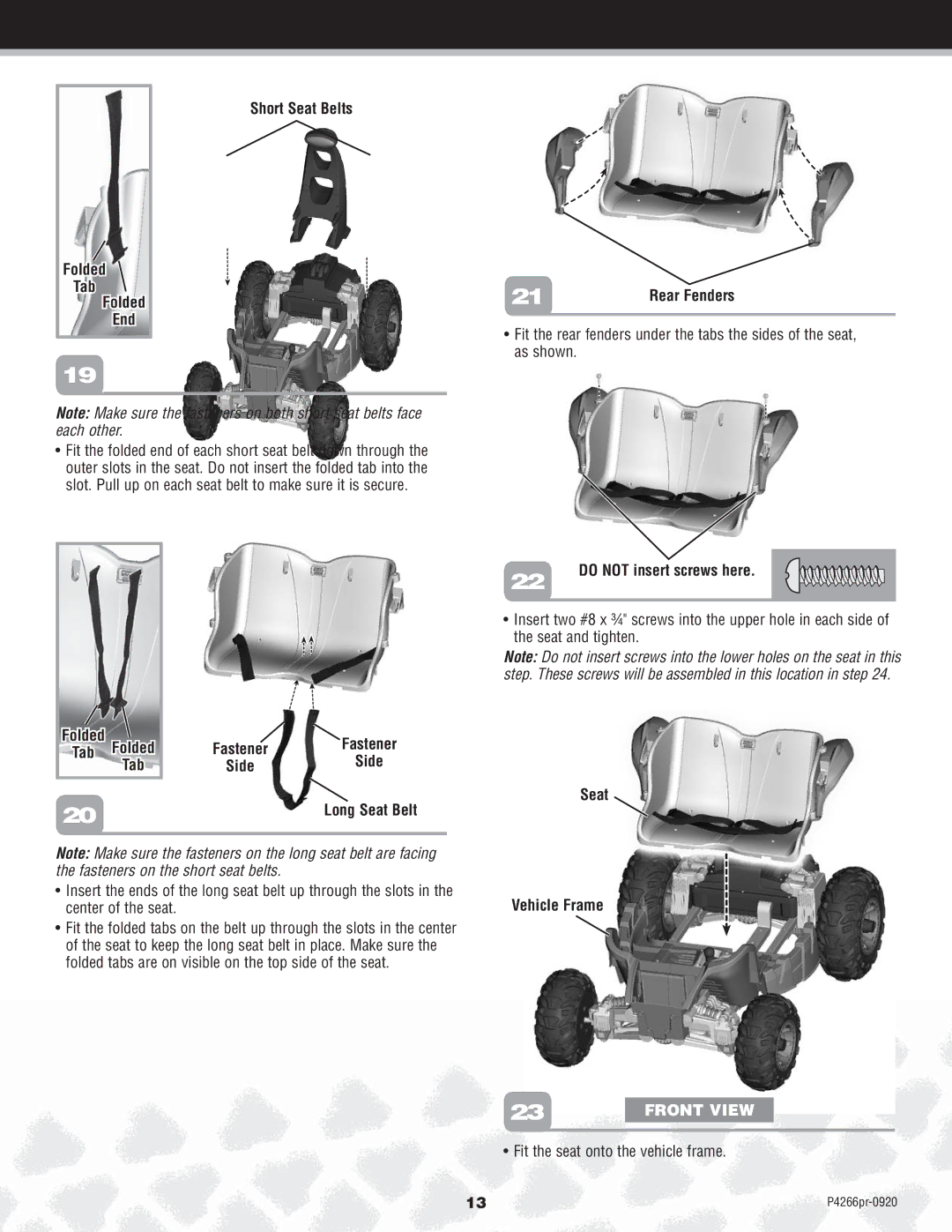 Fisher-Price P4266 owner manual Folded Tab End Short Seat Belts Rear Fenders, Do not insert screws here Folded, Tab Folded 