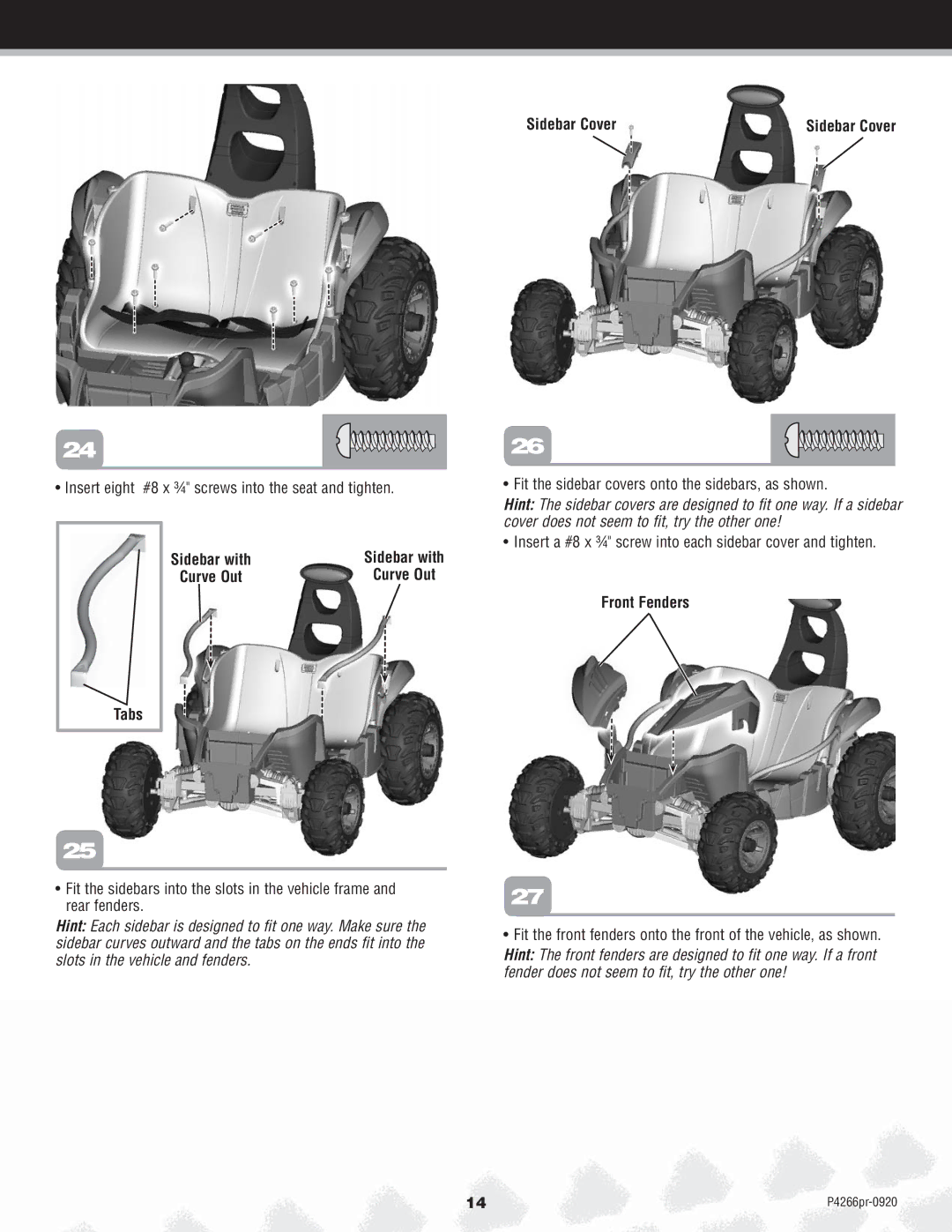 Fisher-Price P4266 owner manual Sidebar Cover, Tabs 