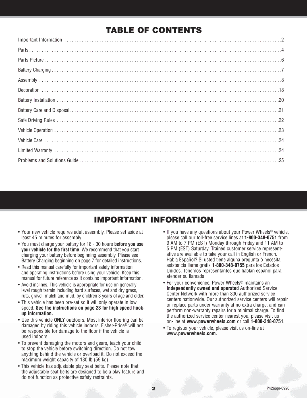 Fisher-Price P4266 owner manual Table of Contents, Important Information 