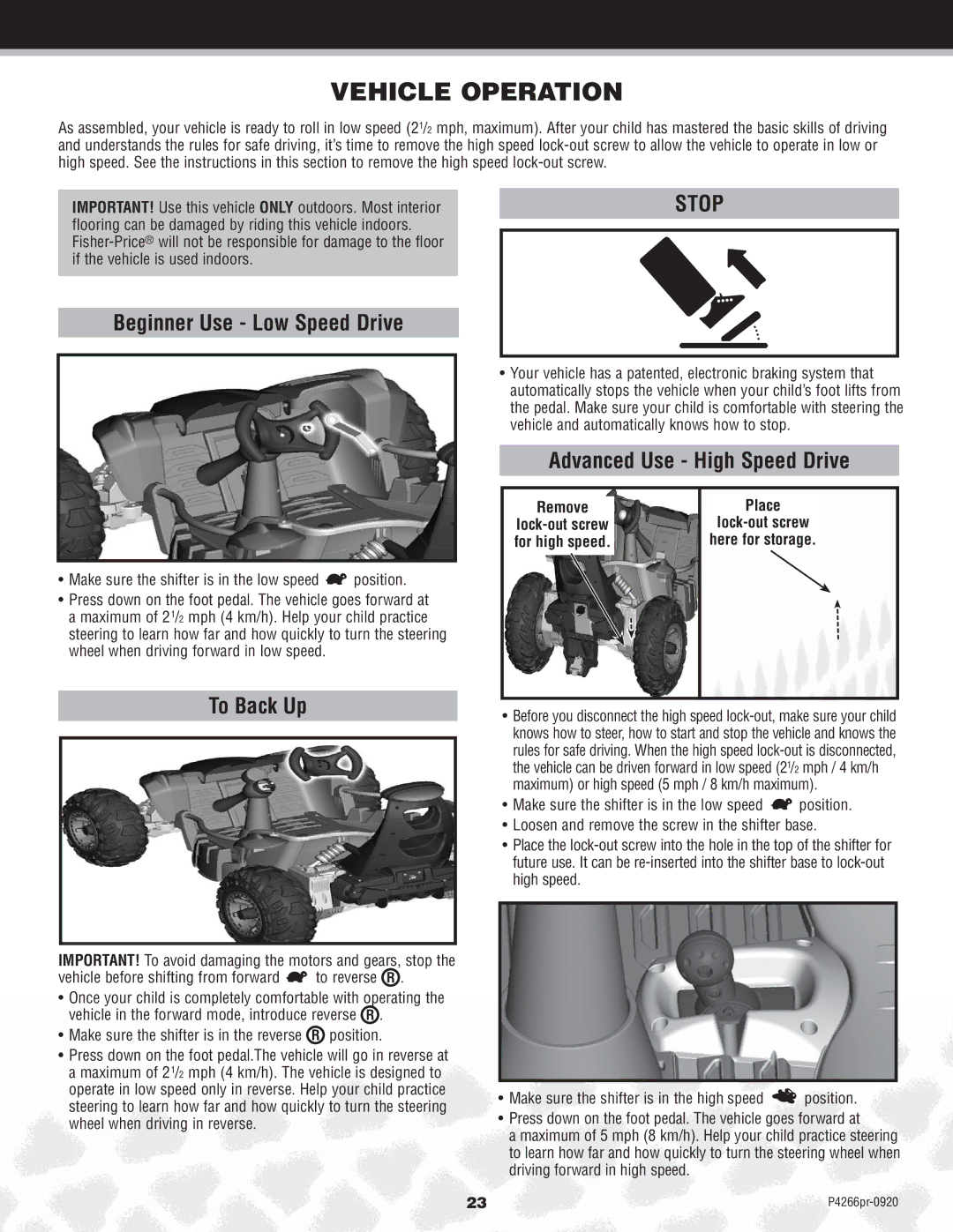 Fisher-Price P4266 owner manual Vehicle Operation, Remove 