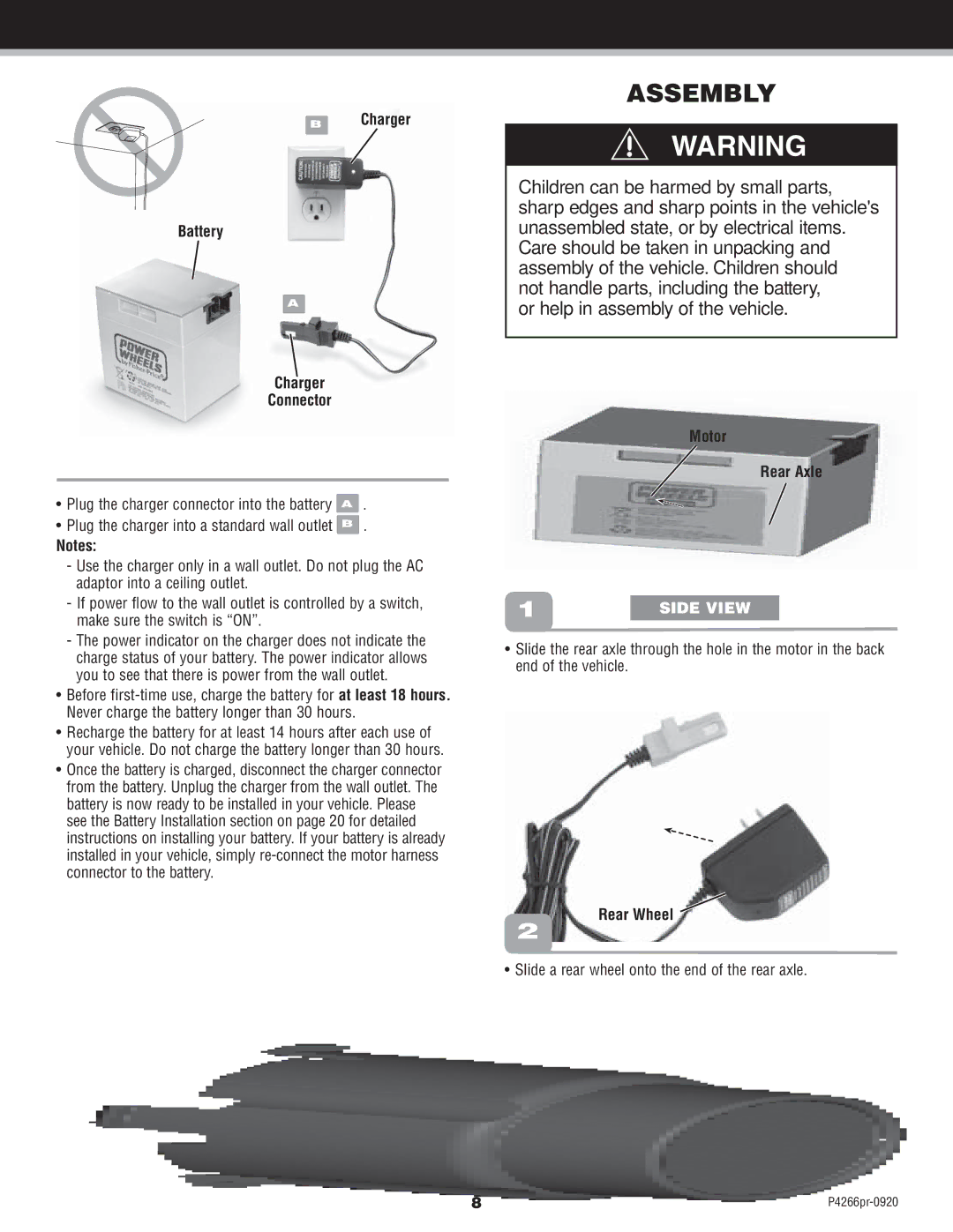 Fisher-Price P4266 owner manual Assembly, Charger Battery Connector, Motor Rear Axle, Rear Wheel 